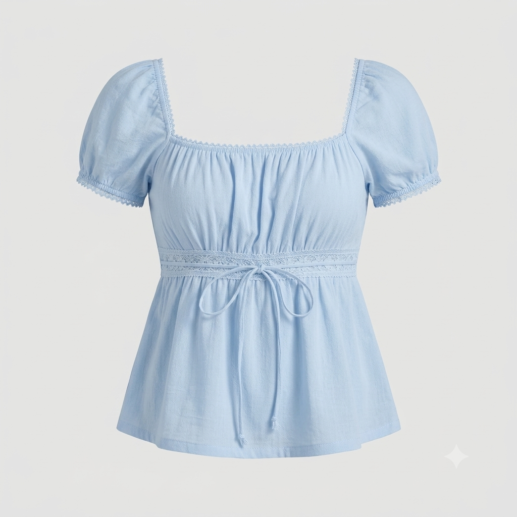 Puff Sleeve Lace-Trim Peplum Top, Women, Baby Blue