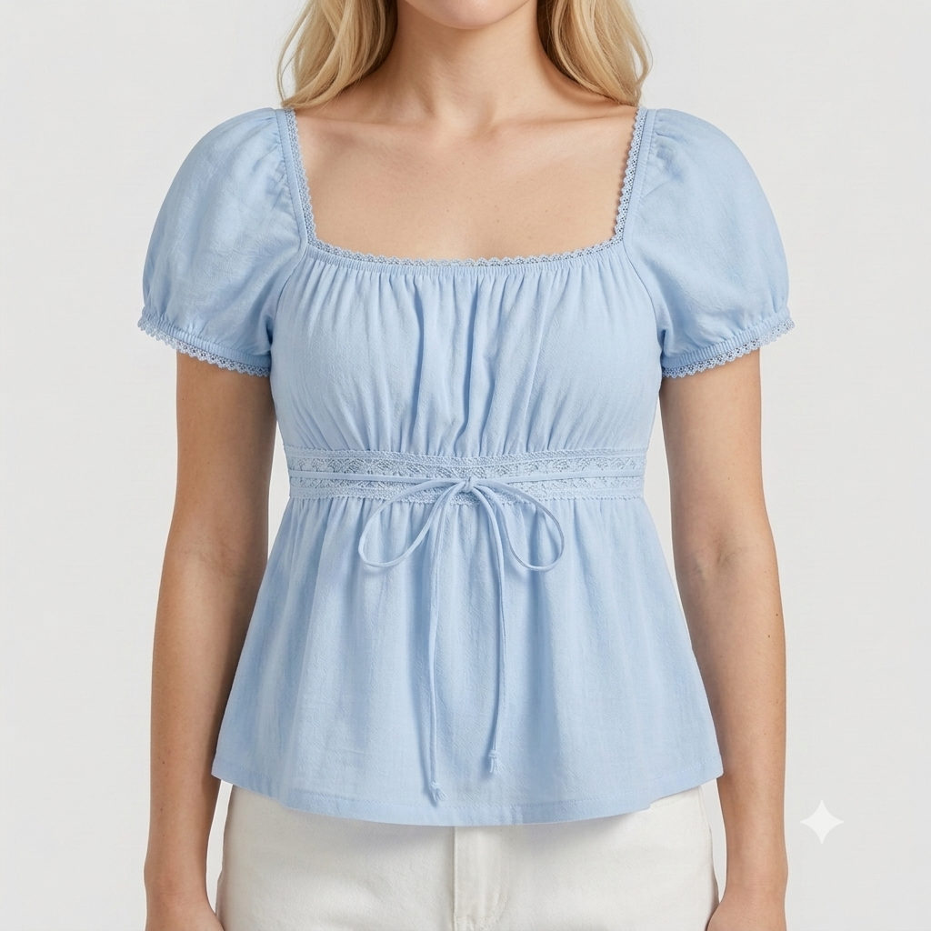 Puff Sleeve Lace-Trim Peplum Top, Women, Baby Blue